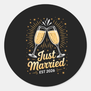 Funny Just Married Newlywed Honeymoon Couple 2026  Classic Round Sticker