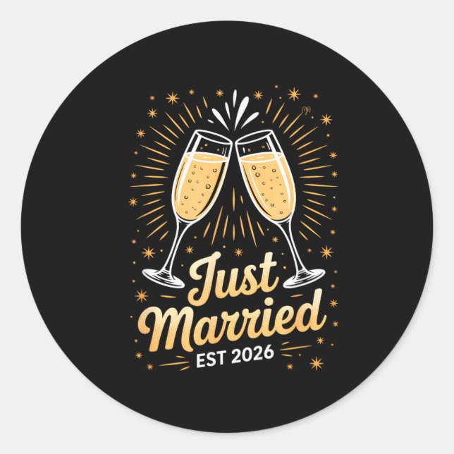 Funny Just Married Newlywed Honeymoon Couple 2026  Classic Round Sticker (Front)