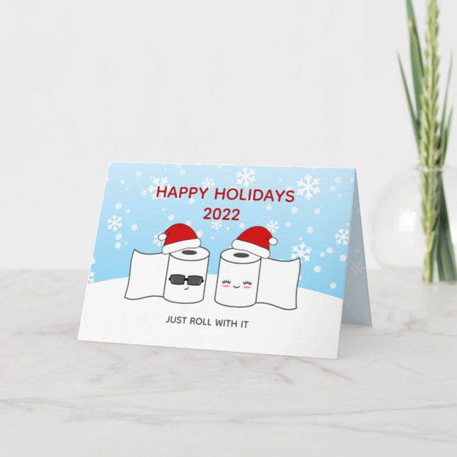 Funny Just Roll With It Toilet Paper Couple Holiday Card (Front)