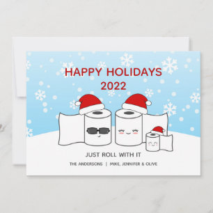 Funny Just Roll With It Toilet Paper Family of 3 Holiday Card