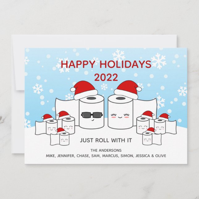 Funny Just Roll With It Toilet Paper Family of 8 Holiday Card (Front)