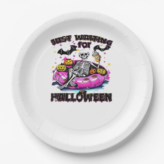 Funny Just Waiting For Halloween Skeleton Spooky V Paper Plate (Front)