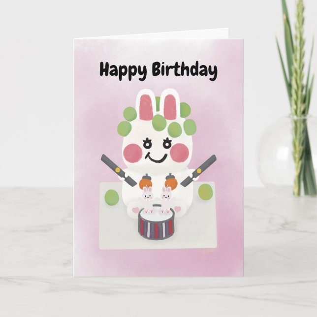 Funny K-Pop Bunny Birthday Cake With Grapes Thank You Card (Front)