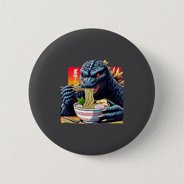 Funny Kaiju Eating Ramen Japanese Monster Lover Bi 2 Inch Round Button (Front)