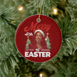 Funny Kamala Harris Christmas Santa Hat Ceramic Ornament