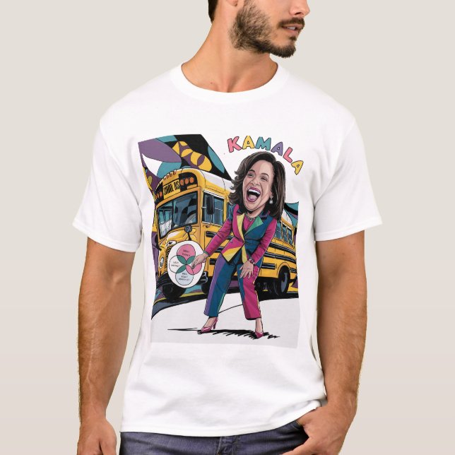 Funny Kamala Harris in front of School Bus T-Shirt (Front)