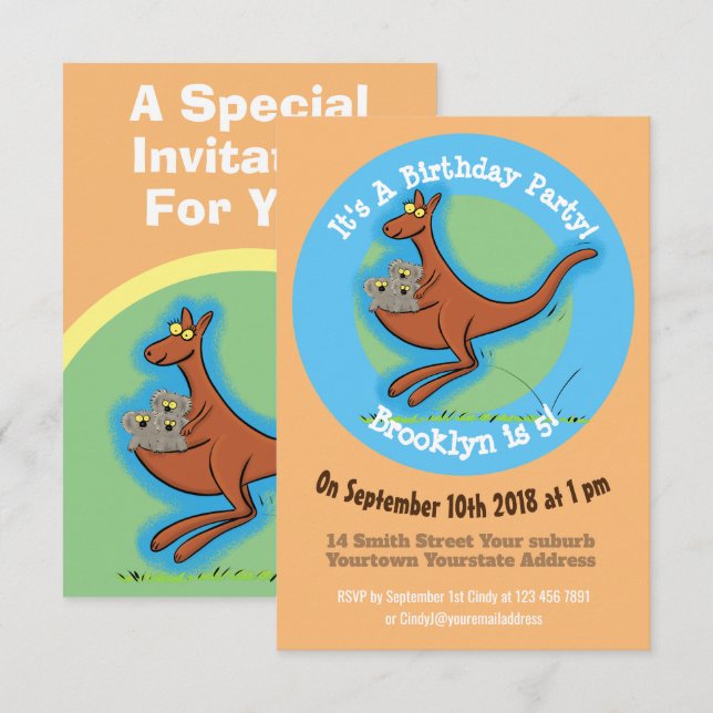 Funny kangaroo and koalas cartoon invitation (Front/Back)
