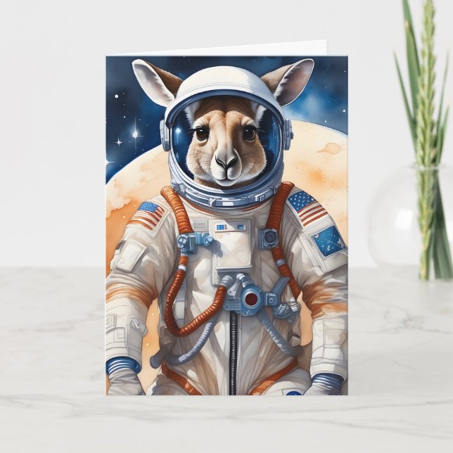 Funny Kangaroo in Astronaut Suit in Outer Space Card (Front)