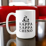 Funny Kappa Kappa Chino Campus Humour Coffee Mug<br><div class="desc">A fun latte mug that that conveys a love of cappuccino with its “Kappa Kappa Chino” spin on Greek campus life and coffee shops! Featuring a playful steaming coffee cup graphic and bold black collegiate lettering on a white mug, this design is perfect for coffee lovers in sororities, fraternities, coffee...</div>