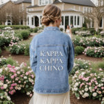 Funny Kappa Kappa Chino Coffee Lover Denim Jacket<br><div class="desc">A spin on Greek Life at College or University, this fun design has prominent "Kappa Kappa Chino" text spelled out in bold white text with black shadowing. Be the hit of every coffee shop and grocery store when you walk in wearing this design. It makes a wonderful unique gift idea...</div>