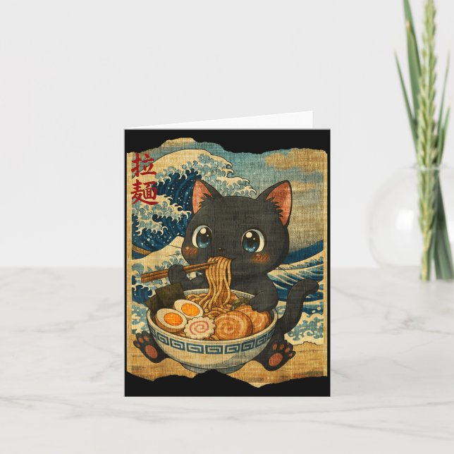 Funny Kawaii Black Cat Ramen Noodle Bowl Japanese  Card (Front)