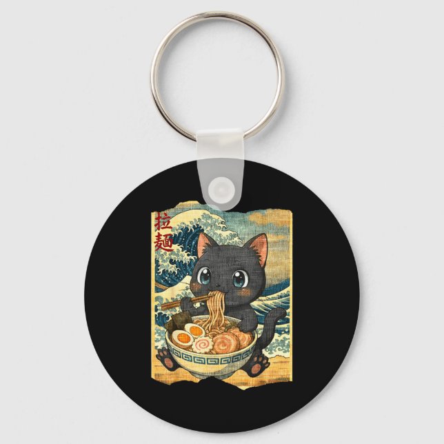 Funny Kawaii Black Cat Ramen Noodle Bowl Japanese  Keychain (Front)