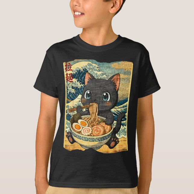 Funny Kawaii Black Cat Ramen Noodle Bowl Japanese  T-Shirt (Front)
