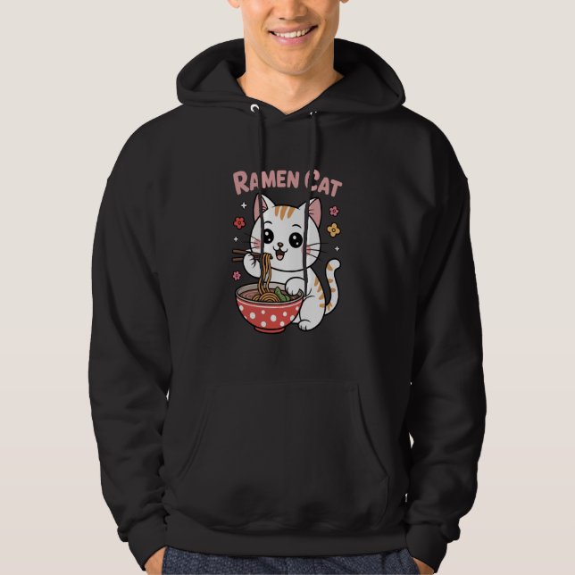 Funny Kawaii Cat Eating Ramen Hoodie (Front)