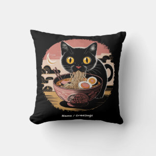 Funny Kawaii Cat Eating Ramen Noodles Cute Anime Throw Pillow