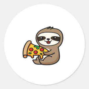 Funny Kawaii Chibi Sloth with Pizza � Cute Cartoon Classic Round Sticker