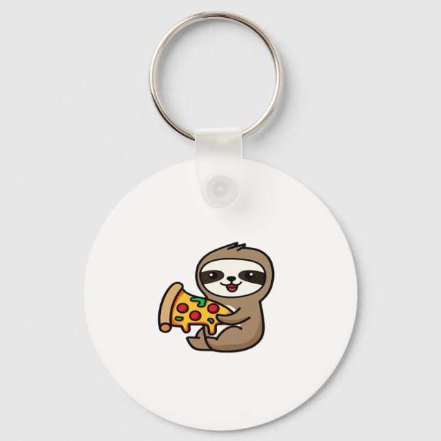 Funny Kawaii Chibi Sloth with Pizza � Cute Cartoon Keychain (Front)