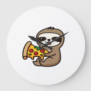 Funny Kawaii Chibi Sloth with Pizza � Cute Cartoon Large Clock
