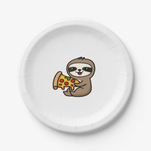 Funny Kawaii Chibi Sloth with Pizza � Cute Cartoon Paper Plate