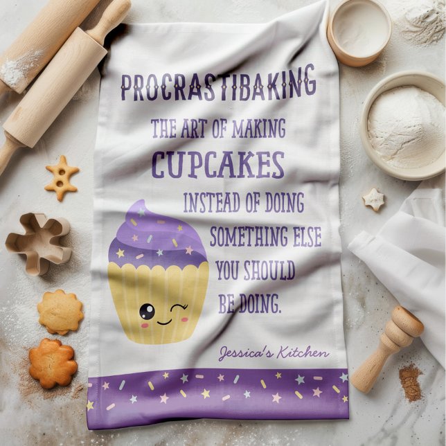 Funny Kawaii Cupcake Procrastibaking Kitchen Towel (This hilarious and ultra cute kawaii cupcake towel design is an absolute “deal-baker”)