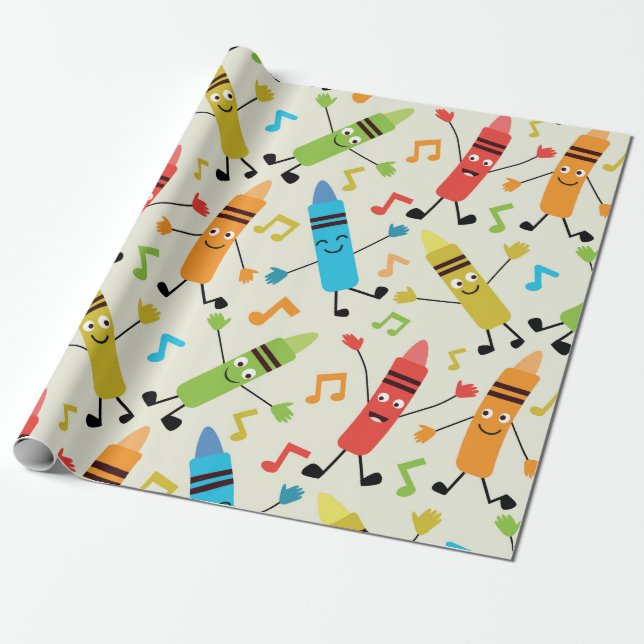 Funny Kawaii Dancing Crayons With Music Notes  Wrapping Paper (Unrolled)