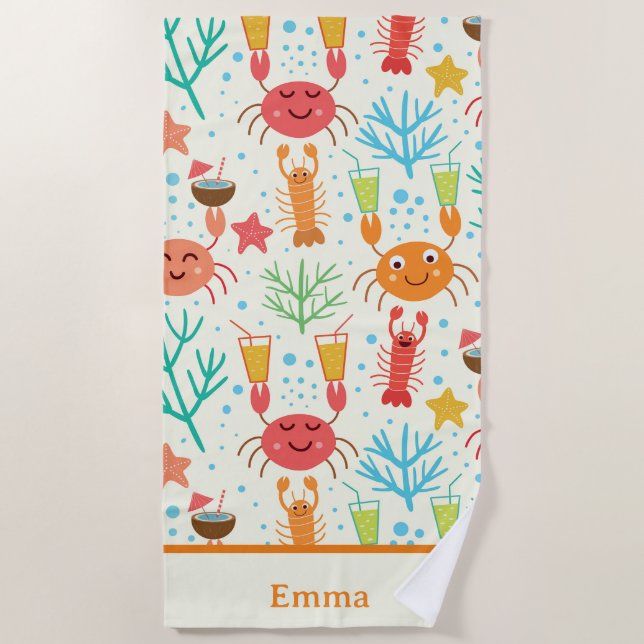 Funny Kawaii Lobsters and Crabs Personalized Kids  Beach Towel (Front)
