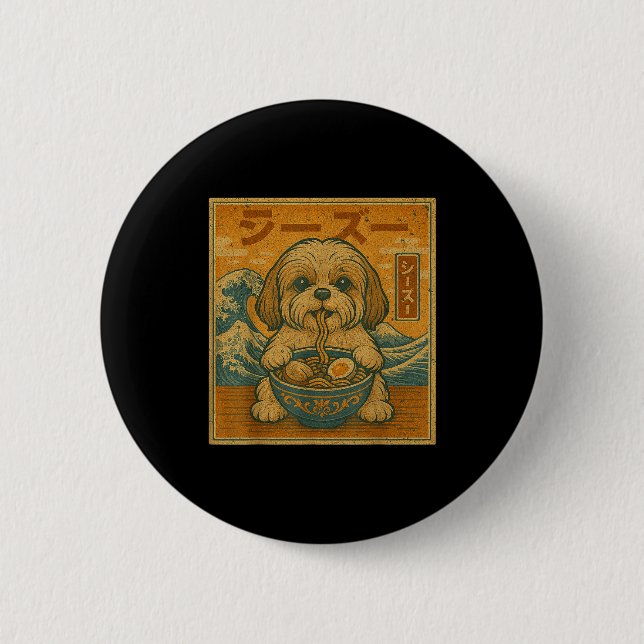 Funny Kawaii Ramen Japanese Noodles Shih Tzu Eatin 2 Inch Round Button (Front)