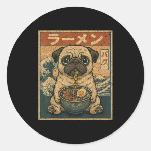 Funny Kawaii Ramen Pug Japanese Noodles Pug Eating Classic Round Sticker