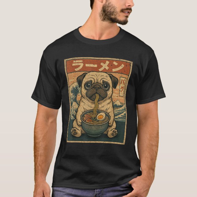 Funny Kawaii Ramen Pug Japanese Noodles Pug Eating T-Shirt (Front)