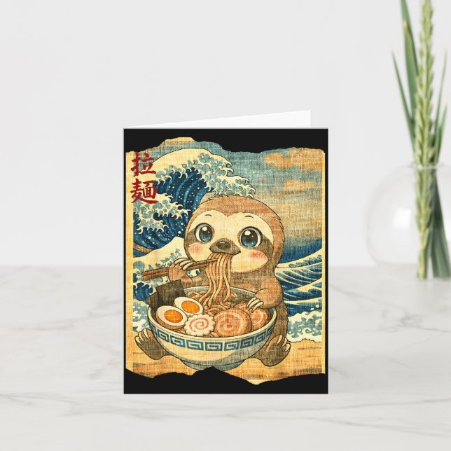 Funny Kawaii Sloth Ramen Noodle Bowl Japanese Wave Card (Front)