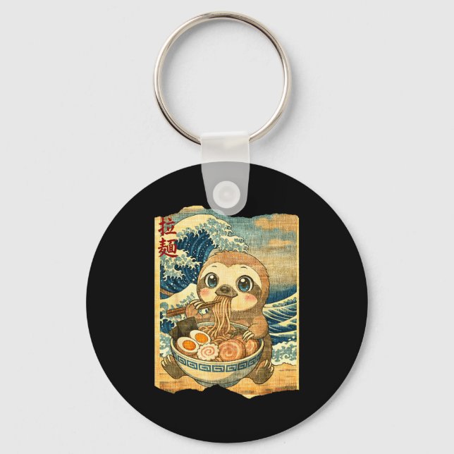 Funny Kawaii Sloth Ramen Noodle Bowl Japanese Wave Keychain (Front)