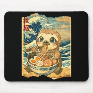Funny Kawaii Sloth Ramen Noodle Bowl Japanese Wave Mouse Pad