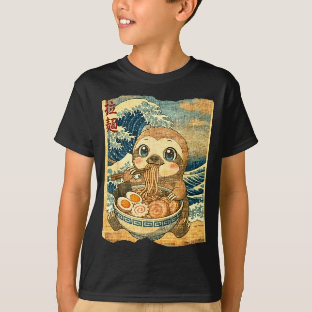 Funny Kawaii Sloth Ramen Noodle Bowl Japanese Wave T-Shirt (Front)