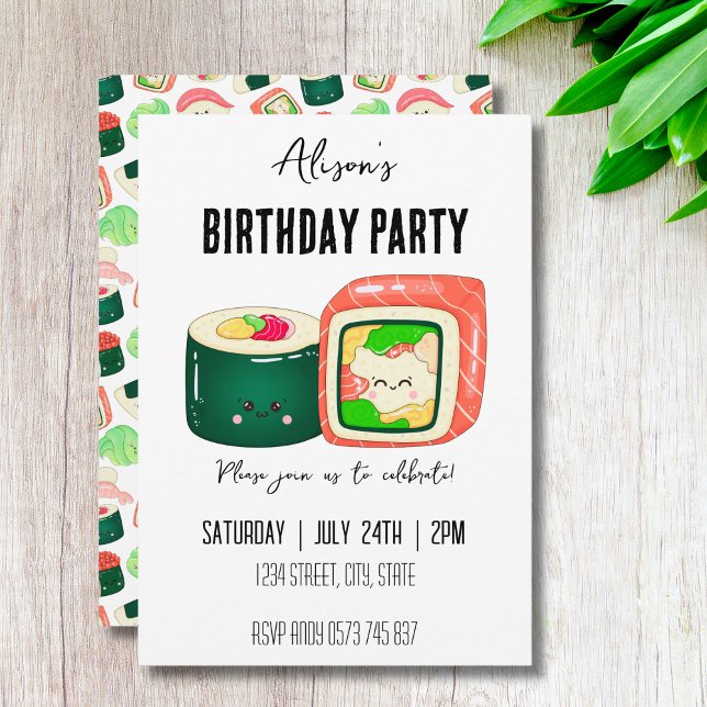 Funny Kawaii Sushi Rolls Birthday Party Invitation (Creator Uploaded)