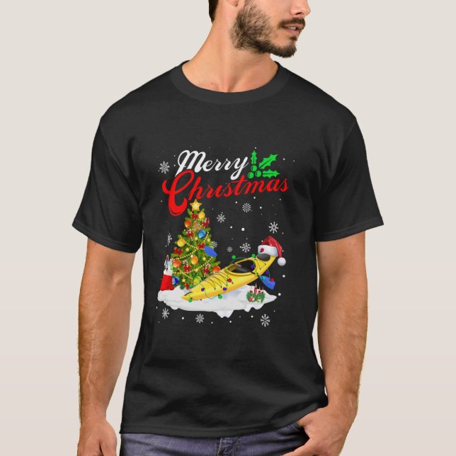 Funny Kayaking Lover Xmas Lighting Santa Kayak Chr T-Shirt (Front)