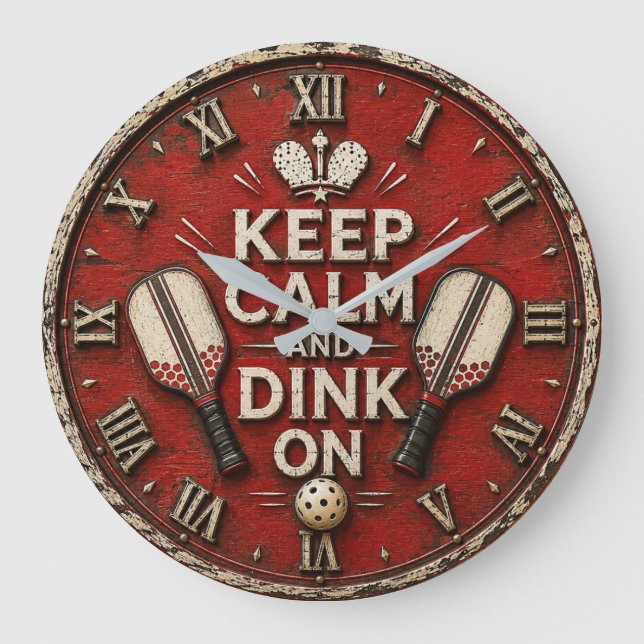 Funny Keep Calm and Dink On | Rustic Pickleball  Large Clock (Front)