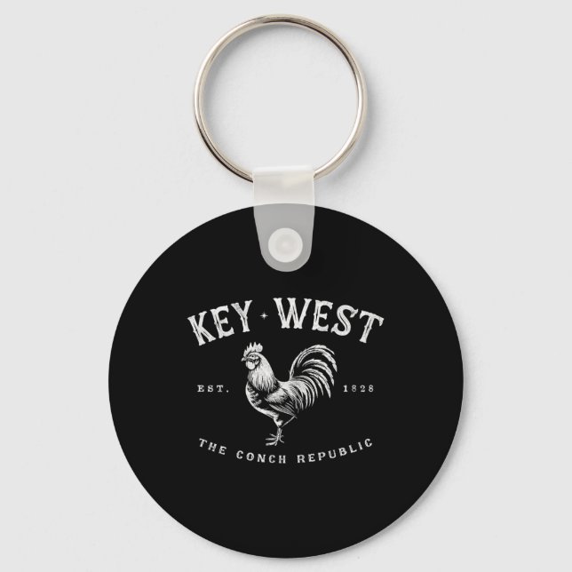 Funny Key West Rooster Chicken Sunrise Fishing Sur Keychain (Front)