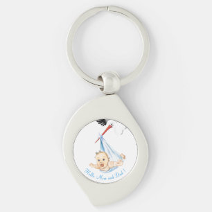 Funny Keychain Gift Stork Carrying Baby with Text
