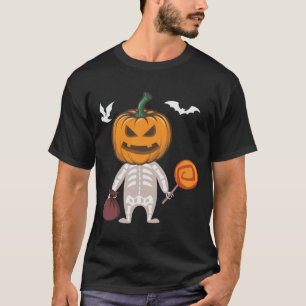 Funny Kid Skeleton Pumpkin Head Candy T-Shirt