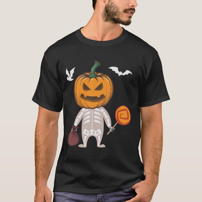 Funny Kid Skeleton Pumpkin Head Candy T-Shirt (Front)