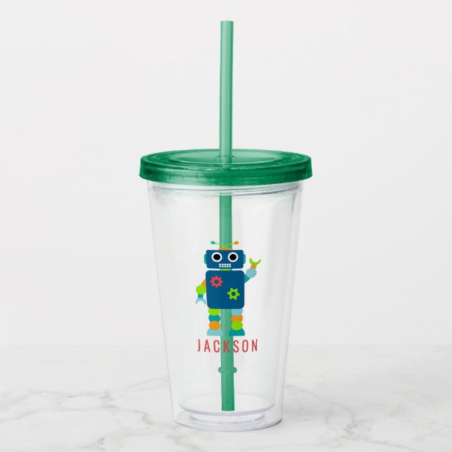Funny Kids Colourful Robot Blue Personalized Acrylic Tumbler (Front)