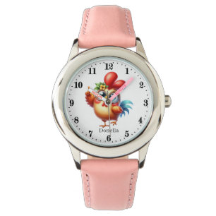 Funny kids girls rooster add name watch
