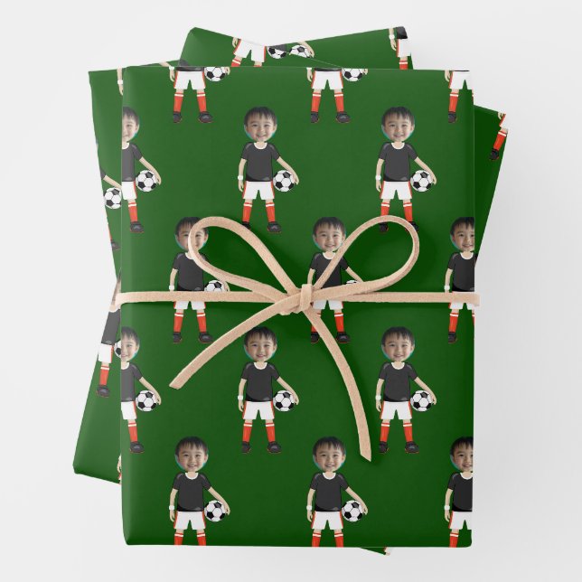 Funny Kids Soccer Player Photo Custom Green Wrapping Paper Sheet (In situ)