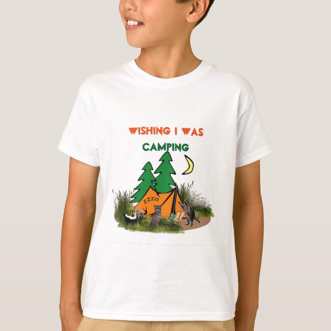 Funny Kids T-Shirt with Camp Tent and Raccoon (Front)