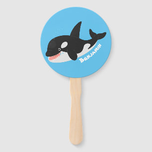 Funny killer whale orca cute cartoon illustration hand fan