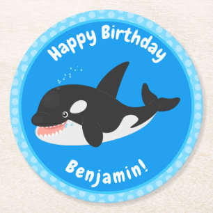 Funny killer whale orca cute cartoon illustration round paper coaster