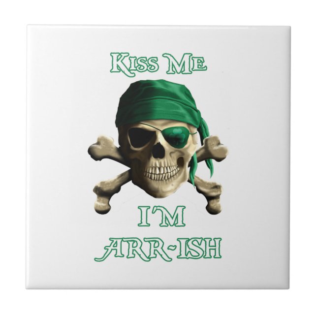 Funny Kiss Me Irish Jolly Roger Pirate Skull Tile (Front)