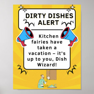 Funny Kitchen Poster - Dirty Dishes Alert for Men