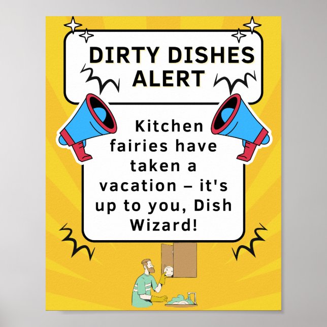 Funny Kitchen Poster - Dirty Dishes Alert for Men (Front)