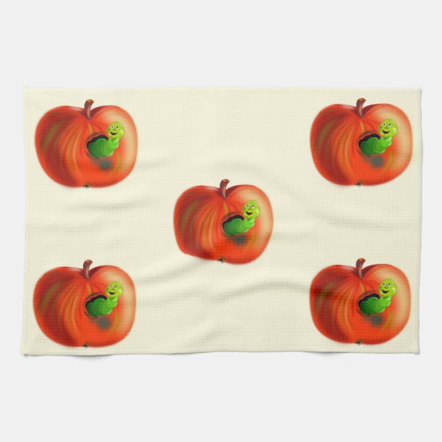 Funny Kitchen Towel Happy Apple Worm Customizable (Horizontal)